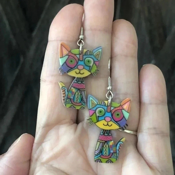 Cute Colorful Rainbow Abstract Kitty Cat Drop Earrings NWT - Picture 1 of 2